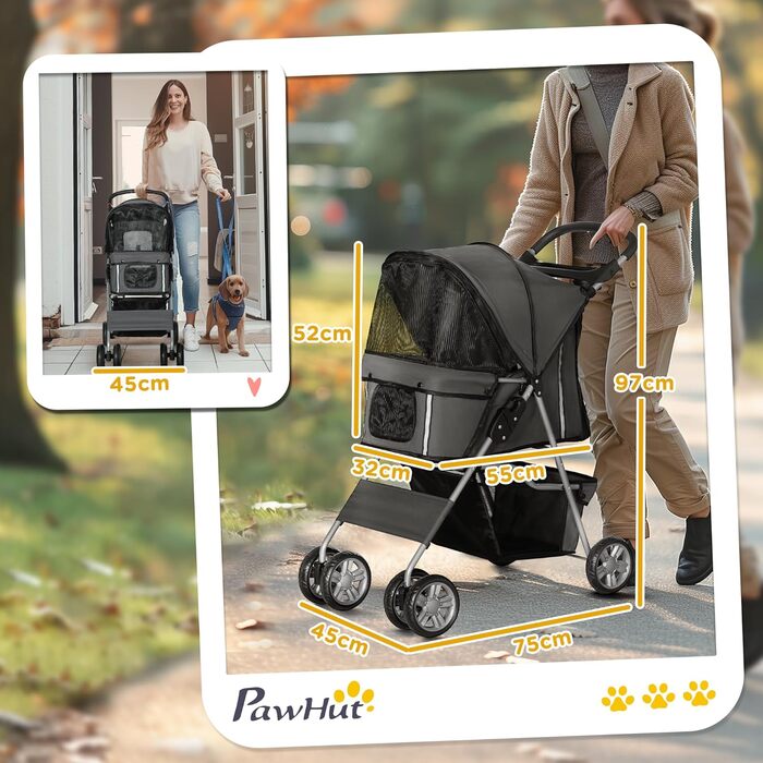 PawHut Складаний візок для собак, візок для домашніх тварин, маленький візок для собак з регульованим дахом, кошик для зберігання, сітчасті вікна, тримачі для чашок та колеса, 75x45x97 см, темно-синій, темно-сірий