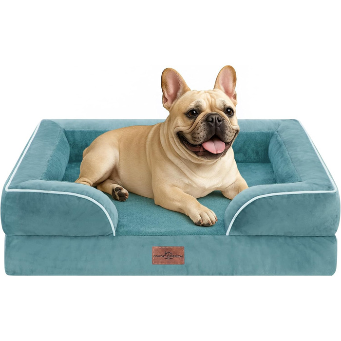 Ортопедичне собаче ліжко Comfort Expression з водонепроникним покриттям для великих собак. Зручне, довговічне, знімний та миючий чохол, антиковзаюча підставка. Розмір: 91x61x21 см, колір: вицвілий блакитний.