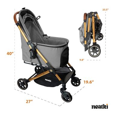 Складаний візок для домашніх тварин для собак та котів, сірий, 70x50x103 см, вантажопідйомність 15 кг, поворотні передні колеса на 360°, складання в один клік, гальмо, страхувальні кліпси, знімне м'яке сидіння