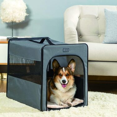 Складана переноска для собак Petsfit з плюшевим матрацом 3 см, портативний контейнер для середніх собак, для подорожей, сірий, розмір M 61x46x53.5 см