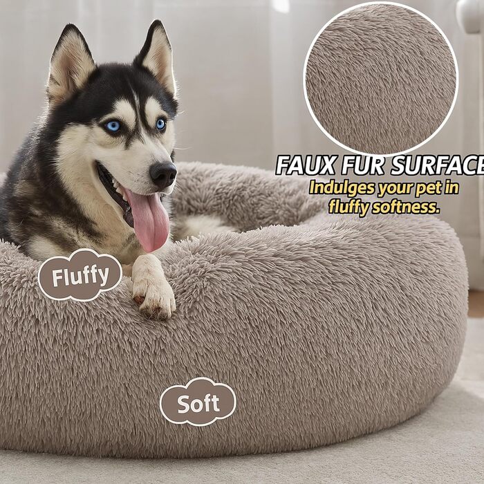 Заспокійливе ліжко для собак у вигляді пончика, м'який плюш, кругле ліжко для котів, зручне, м'яке, миється, подушка, самопідігріваюче ліжко для тварин з антиковзною основою, місце для сну та відпочинку (90 x 90 x 20 см, тауп)