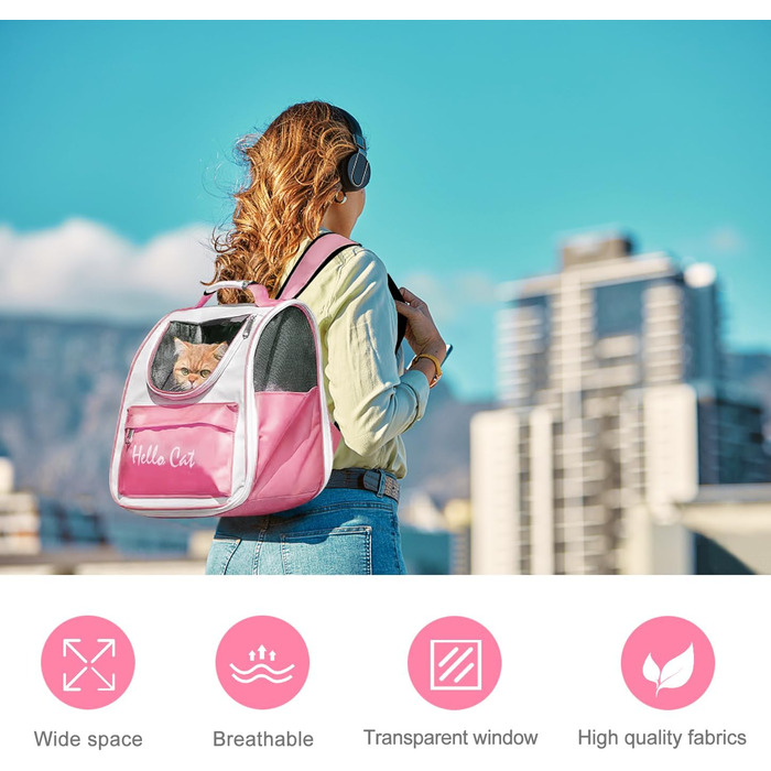 Рюкзак для тварин Surmounty з сітчастим вікном, складний рюкзак для кота/собаки з мискою для їжі та води, водонепроникний оксфорд, об'єм до 15 кг, рожевий