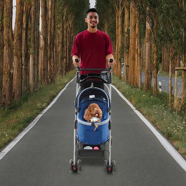 Візок для собак та котів, розкладний, до 12 кг, з кошиком та страхувальним тросом (темно-синій)
