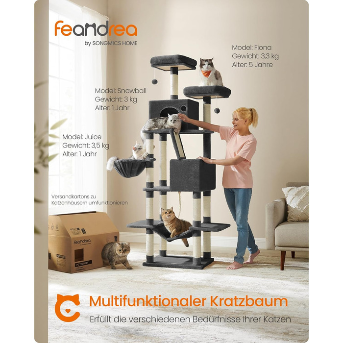 Feandrea великий котячий деревоподібний комплекс, 206 см, XXL, 13 стовпчиків для дряпання, 2 платформи, 2 будиночки, кошик, гамак, плюшеві м’ячі, багаторівневий чорний когтеточка для котів