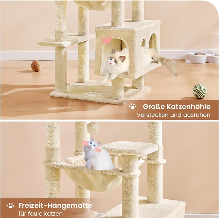 Кігтеточка для котів MSmask велика, стабільна, багатоярусна з 2 платформами, 2 будиночками, гамаком та сизалевими стовпчиками (Бежевий, 160 см)