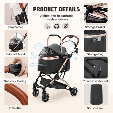 Трансформер для котів та собак Gimars до 20 кг, чорний: візок-переноска, 4-в-1, з гальмом, регульована ручка, дощовик