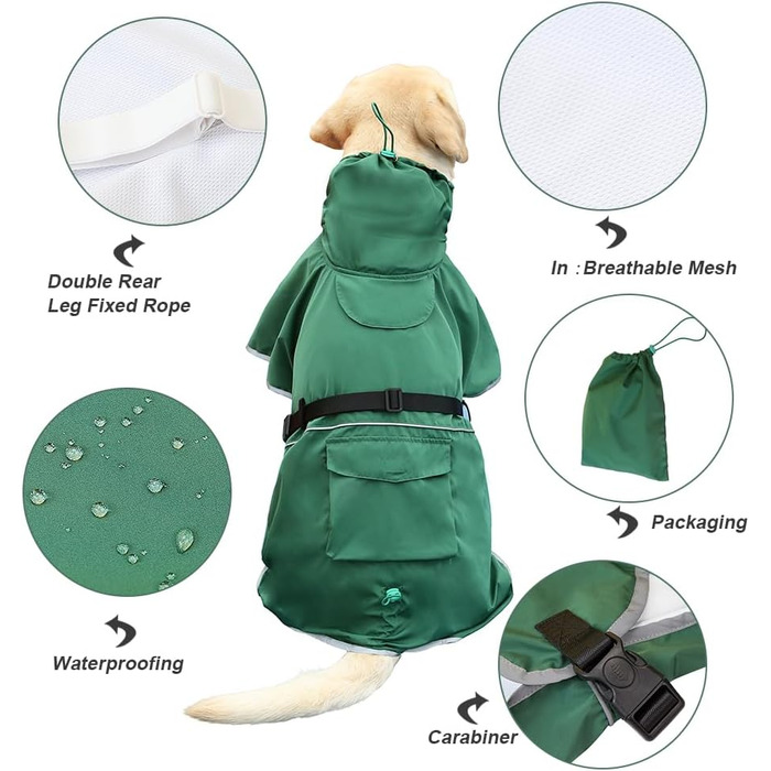 Дощовик для собак KOOGAL, зелений, зимовий, 6XL, для середніх і великих порід