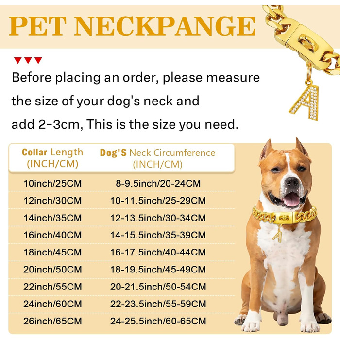 Срібний собачий нашийник 15 мм з кулоном, ланцюжок для прогулянок з нержавіючої сталі з кубинськими зв'язками, міцний, не кусається, для собак малих та середніх порід (55 см, золото-19 мм)