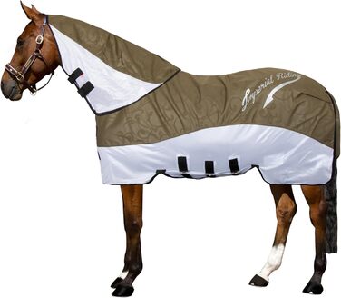 Комбінована попона для коней Imperial Riding Super-Dry 2-в-1: водовідштовхуюча накидка та захист від комах (сітка), з клапаном на животі, оливковий колір, розмір 135