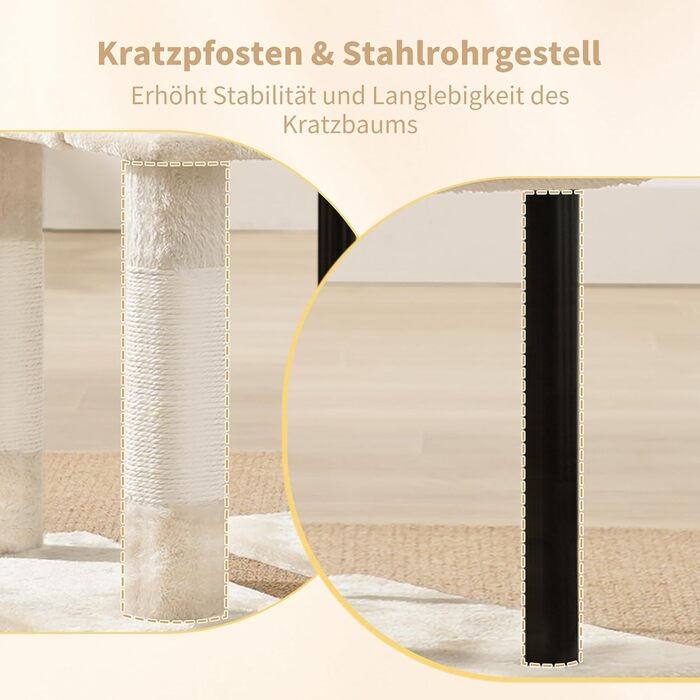 Комплекс для котів Heybly Kratzbaum 125 см: Дряпка-стовпчик з будиночком, полицями та іграшкою, бежевий