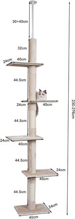 Котячий дряпак Fudajo, 230–276 см, бежевий, 4-рівневий, регульований, із сизалем, для стелі