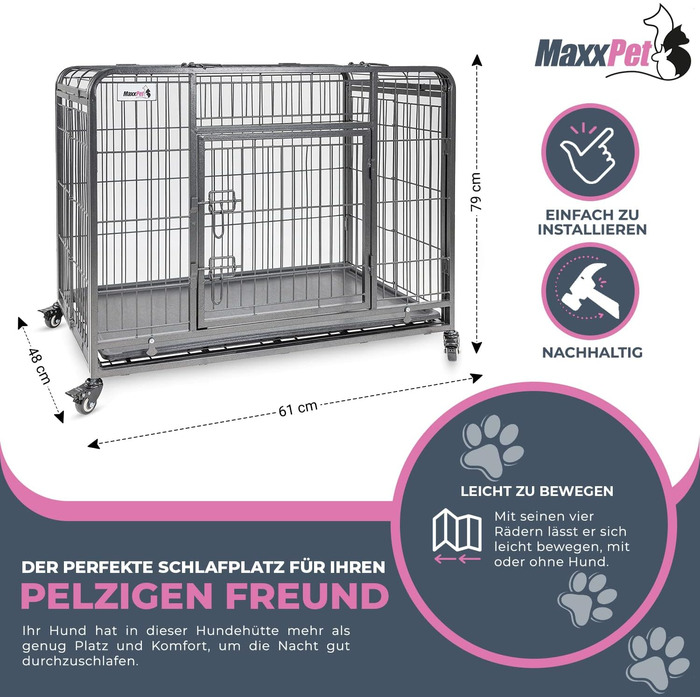 MaxxPet Клітка для собак, складана металева, з подушкою, для великих і малих порід, чорна, 79x48x61 см