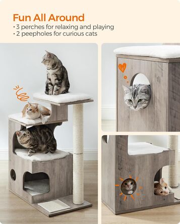 Котячий комплекс Feandrea WoodyWonders UPCT070G01, 86 см, сучасний котячий будинок-турнікет з 3 сидіннями, кігтеточка, мат, будиночок, 4 знімні пральні подушки, сіро-білий