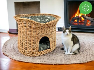 Кошик для котів XL 70 см овальний з лози, двоповерхове ліжко для котів і собак з м'якими темно-сірими подушками, натуральний колір, котяча хата для дому