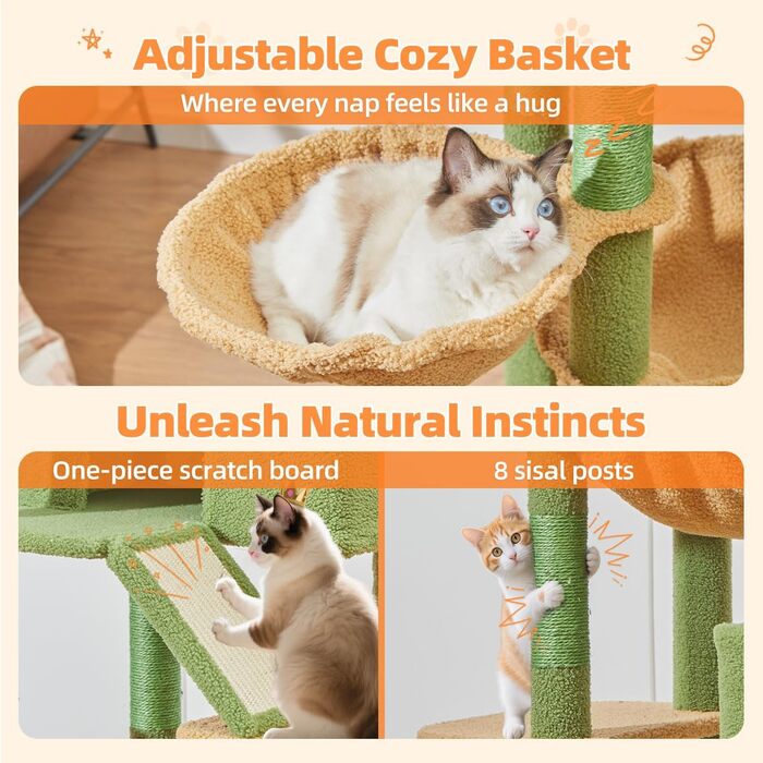 Дерево-подряпування Taoqimiao 180 см, велике, для котів, з 2 будиночками, гамаком, корзиною та 8 стовпчиками, зелений колір, MSC026L