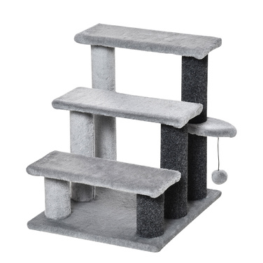 PawHut Cat Stairs Pet Stairs Сходи для собак 3 сходинки з іграшковим м'ячем Плюш сірий 45x40x48см для котів та собак