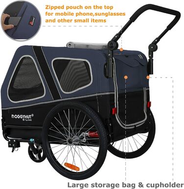 Doggyhut S-Line XL: велосипедно-колясочний візок для собак, 2 в 1, до 45 кг, блакитно-чорний