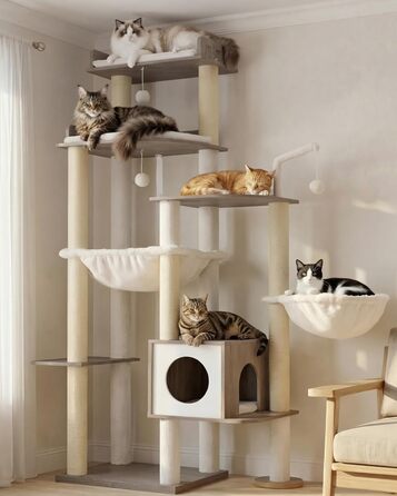 Дерев'яний когтеточка Heybly Kratzbaum 179 см з будиночком та гамаком, HCT121WB (Вінтаж-Сірий)