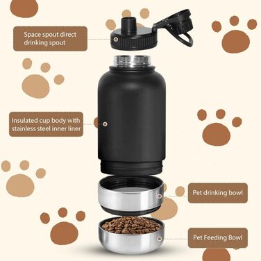 Водяна пляшка для собак на винос 950 мл - 4-в-1 з мисками для води та їжі, ізольована сталева пляшка для собак, BPA-Free, аксесуари для собак для подорожей, походів, прогулянок