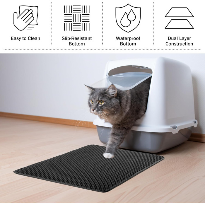 Водонепроникний килимок для котячого туалету PETMAKER 61x38 см, двошаровий, з вловлювачем наповнювача, протиковзкий, чорний