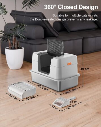 Великий котячий туалет VERYMODEL XXL з нержавіючої сталі 61x41x31 см, з кришкою, високими бортами, антипригарним покриттям, герметичний, легкий у догляді