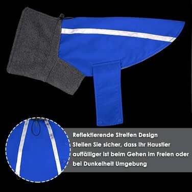 Зимова куртка для собак SlowTon з флісу, тепла та водонепроникна, з капюшоном-шарфом та світловідбиваючими смугами, регульована, для цуценят та собак (Синій, M)