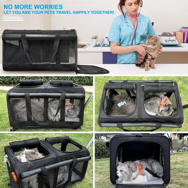 Рол-сумка для тварин з двома відділеннями, велика сумка-переноска для котів на колесах, чорна переноска для тварин до 15,9 кг, з супер вентиляцією та знімними колесами для 2 тварин