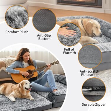 Ортопедичне собаче ліжко BingoPaw для собак та людей: XXXL, 180x96x10 см, сіре, знімний чохол з PV-велюру, PU-шкіра