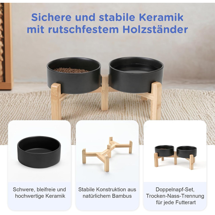 Миска для собак та котів Spunkyjunky керамічна, 400 мл, чорна (S) - підставка з бамбука, антиковзка, для цуценят та маленьких порід, придатна для мийки та мікрохвильовки