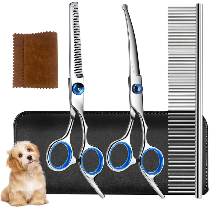 Набір професійних ножиць для собак 5-в-1: вигнуті ножиці з круглою кінцівкою, гребінець для розплутування, титанове покриття, для собак, котів та інших тварин