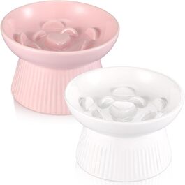 Підвищені миски для котів Layhit з кераміки, проти блювоти, повільне годування, для сухого та вологого корму, кошенята, 2 шт. (рожевий / білий)
