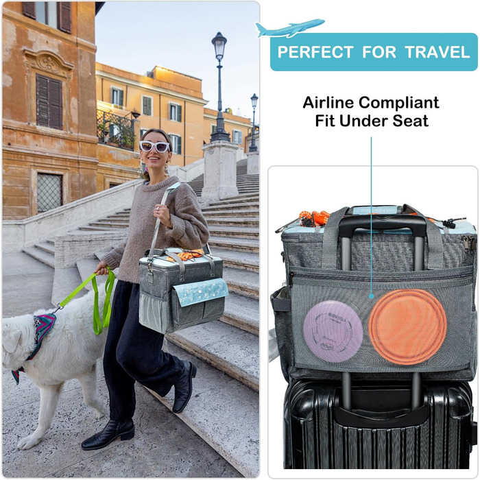 CLAWIST Сумка для собак, переноска для подорожей, XL, сіра/блакитна. З контейнерами для корму та складеними мисками