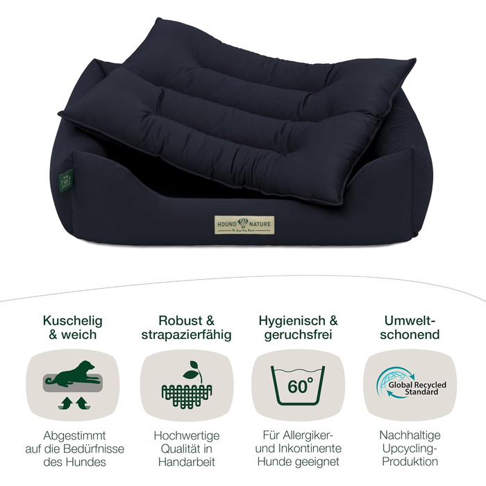 Екологічне ліжко для собак HOUND & NATURE Bern S, м'яке, темно-синє, 75x60 см, для маленьких порід, двостороння подушка, можна прати