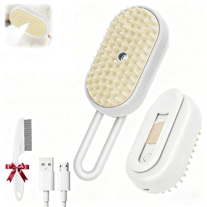 Парова щітка для котів 2025 - 4-в-1, для масажу та видалення шерсті, підходить для котів, собак, кроликів та інших тварин (Хакі + Білий) - 2 шт.