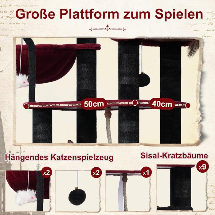 Великий котячий будиночок Kratzbaum: стабільний, 200 см, з платформами, печерами, гамаком та сизалевими стовпчиками (GCT031W, чорний та червоний)