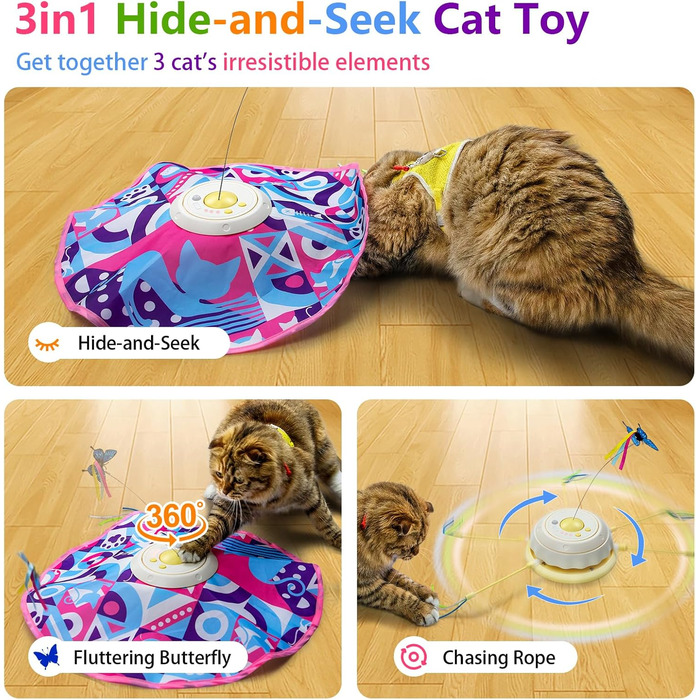 Автоматична іграшка для кота TOHDNC 3-в-1: ховається та шукає, з блискучим метеликом та рухомою пір'ям. Інтерактивна іграшка для кошенят та дорослих котів всіх порід