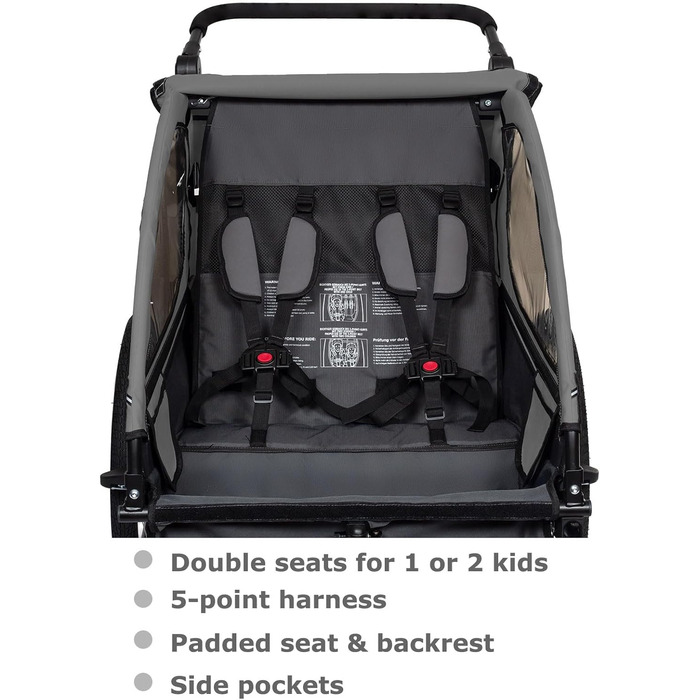 Дитячий велосипедний причіп Tiggo VS 2в1 з амортизацією та поворотним з'єднанням 360° - для 1-2 дітей (до 40 кг), темно-сірий