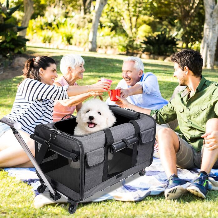 Транспортна сумка для котів PETCUTE з колесами, дихаюча переноска для 2 котів, складана переноска для собак з телескопічною ручкою, знімний килимок, ідеальна для подорожей, темно-сіра