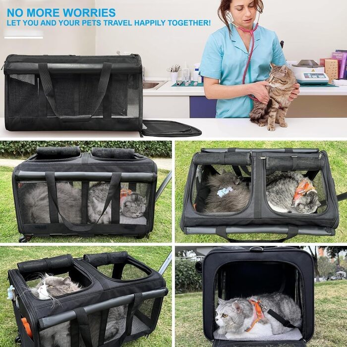 Рол-сумка для тварин з двома відділеннями, велика сумка-переноска для котів на колесах, чорна переноска для тварин до 15,9 кг, з супер вентиляцією та знімними колесами для 2 тварин