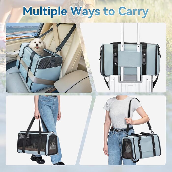 Транспортна сумка Petsfit для котів та собак, складана переноска для собак та котів, дихаюча переноска для собак, авіапереноска для домашніх тварин в авто, літаку або потягу, сірий, зелений колір