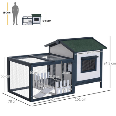PawHut Клітка для кроликів та інших дрібних тварин 151x78x84,5 см з вольєром та рампою зеленого та білого кольорів для щасливих домашніх улюбленців