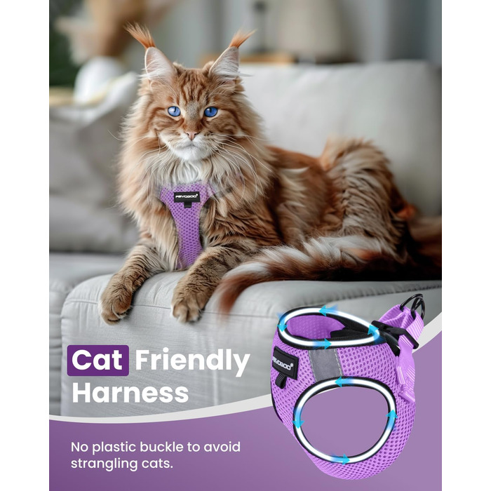 Шлейка для котів FAYOGOO вибухозахисна з повідком, шлейка для котів анти-вислизання та регульована, повідок для котів з відбиваючими смугами для безпеки та комфорту вночі, M (фіолетовий, L (упаковка з 1))