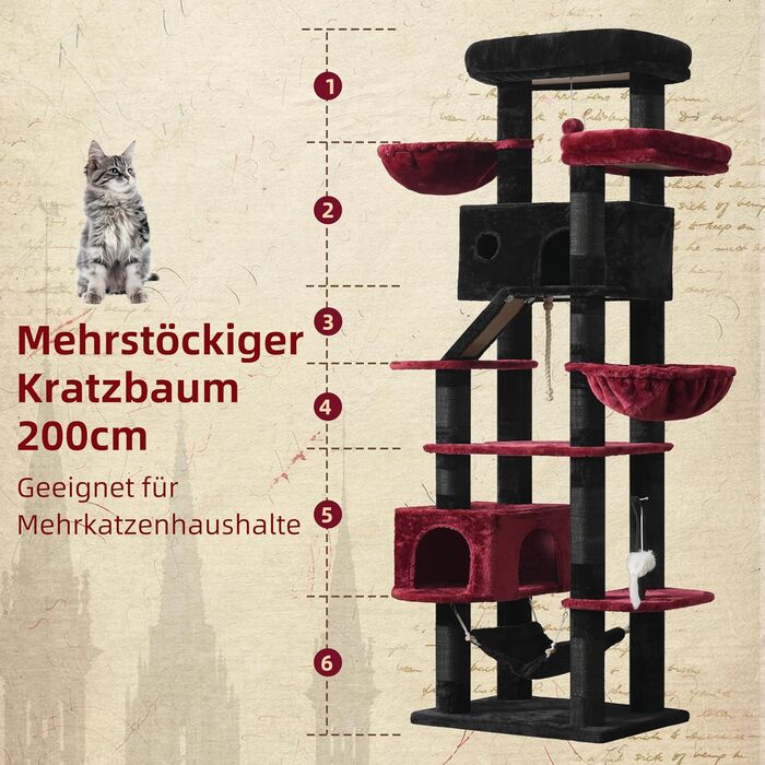 Великий котячий будиночок Kratzbaum: стабільний, 200 см, з платформами, гамаком, сизалевими стовпчиками (чорний та червоний)