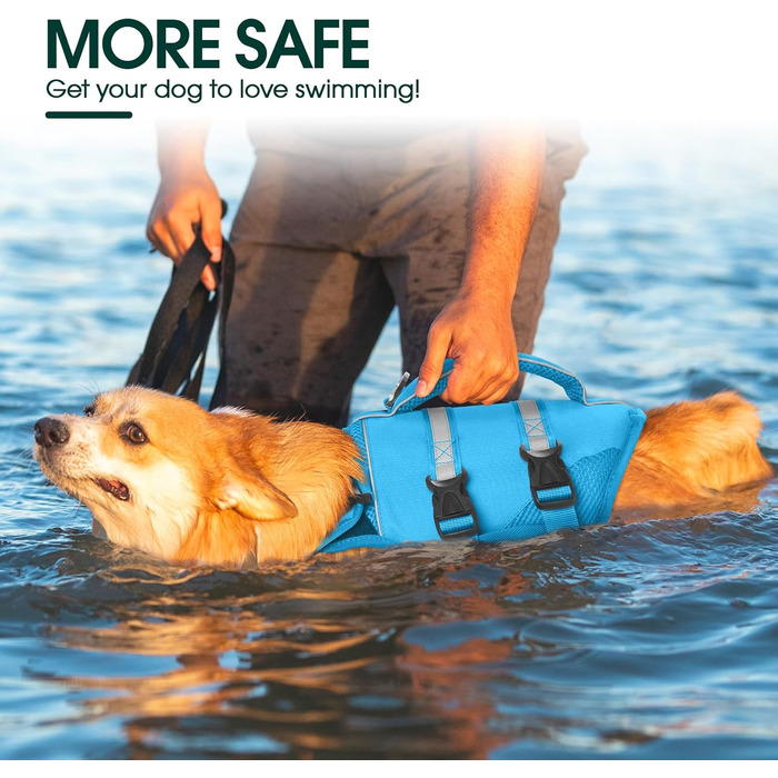 Жилет для собак Kuoser великий, рятувальний жилет для собак з ручкою та світловідбиваючими елементами, регульований, для великих собак, покращений плавучість, (S, блакитний)