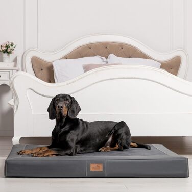 Ортопедичний лежак для собак Tierlando® Oscar VIP з екошкіри та велюру з віскоеластичною піною, антипролежнева підстилка для собак з неслизьким дном, розмір 120x90 см, колір: графіт