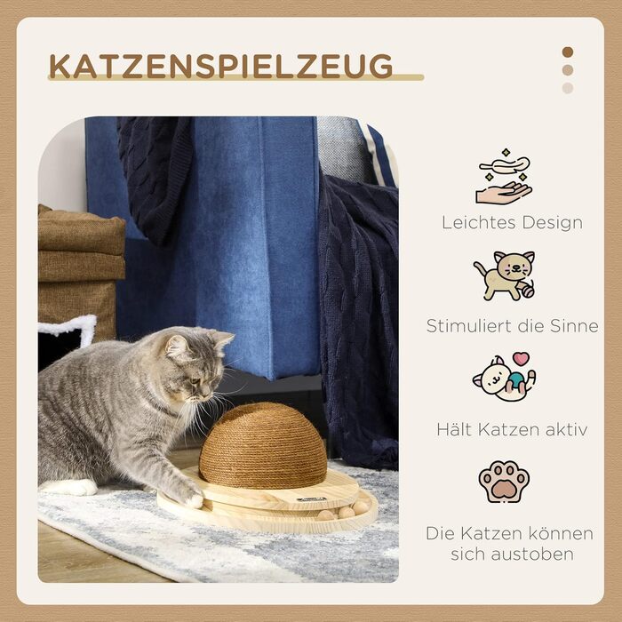 Інтерактивна іграшка для котів PawHut 2-в-1: трек з кулькою та дряпка, натуральна джутова та соснова, 39,5x32,5x14,5 см