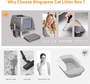 Лоток для котів BingoPaw з кришкою: нержавіюча сталь, XXL, великий лоток з двома фільтрами, високий борт, антивитік, сірий