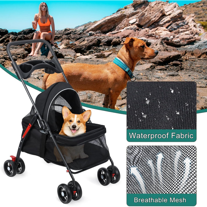 Візок для собак 4 колеса, регульована висота, з тримачем для напоїв та сіткою, переноска для тварин, складний, для подорожей, візок для домашніх тварин з дахом, що регулюється на 180 градусів