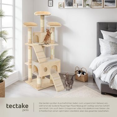 tectake® Великий дряпак для котів, середній котячий комплекс із 3 сизалевими стовпчиками, 3 місцями для відпочинку, будиночком і 2 сходами, для котів і кошенят, бежевий