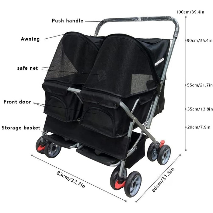 Дитяча коляска для кота та собаки 2в1, чорна з дощем, легко складається